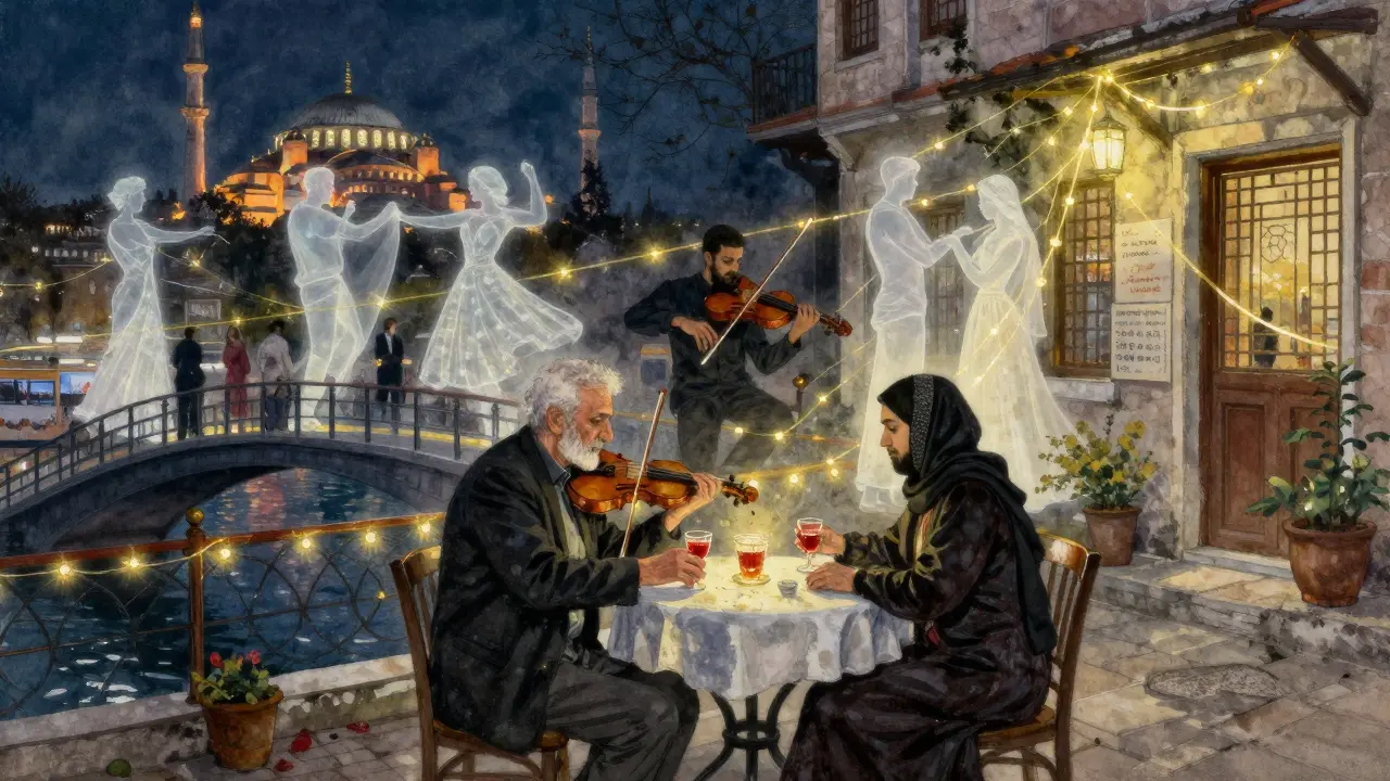 A shared rakı table under string lights with musicians and ghostly figures of Istanbul's nightlife in the background.