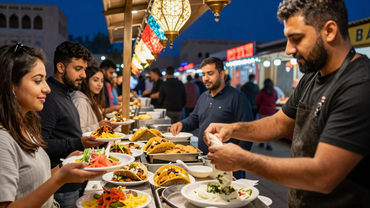A street vendor wrapping shawarma at Qasr Al Hosn Night Market with diverse late-night foods on display.