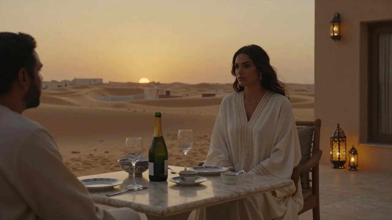 A woman in an embroidered kaftan sits at a sunset terrace table with champagne, cultural decor in the background.