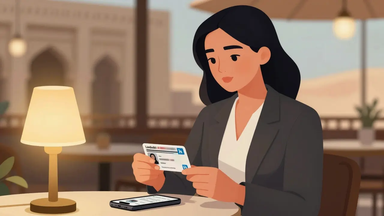 A woman showing her UAE ID in a café, with a LinkedIn profile visible on her phone, conveying trust and professionalism.