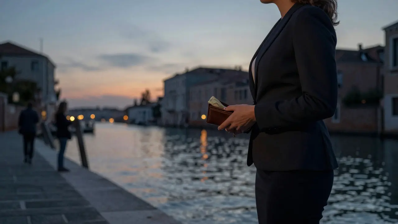 A woman standing by the Navigli canal at sunset, holding cash, symbolizing discreet, respectful companionship.