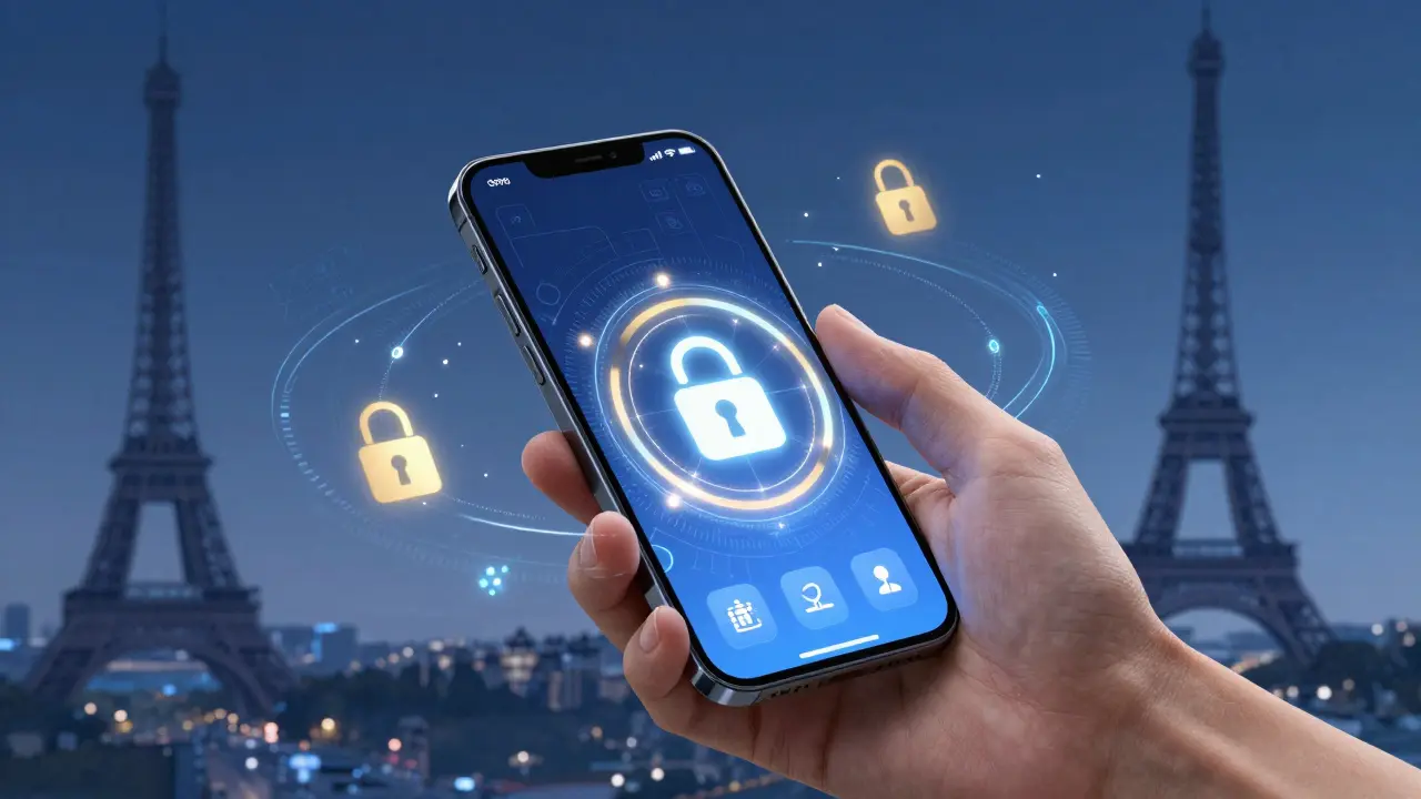 Abstract digital art showing smartphone encryption and privacy shield