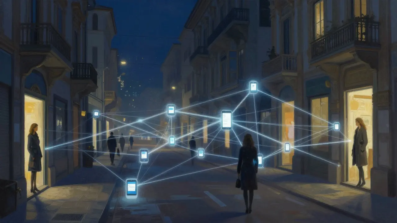 Abstract network of glowing connections linking isolated figures across Milan, symbolizing independent companionship services.