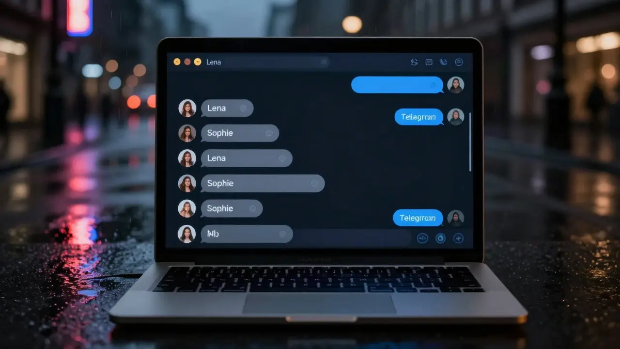 An encrypted chat on a laptop screen in a dark Berlin room, showing only aliases and no personal details.