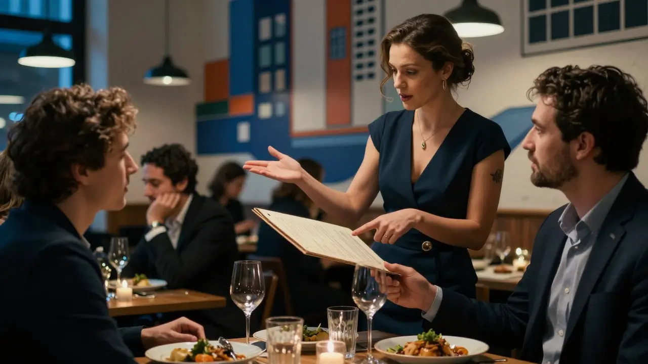 An escort guiding a tourist through local cuisine in a hidden Berlin restaurant, surrounded by cultural details.