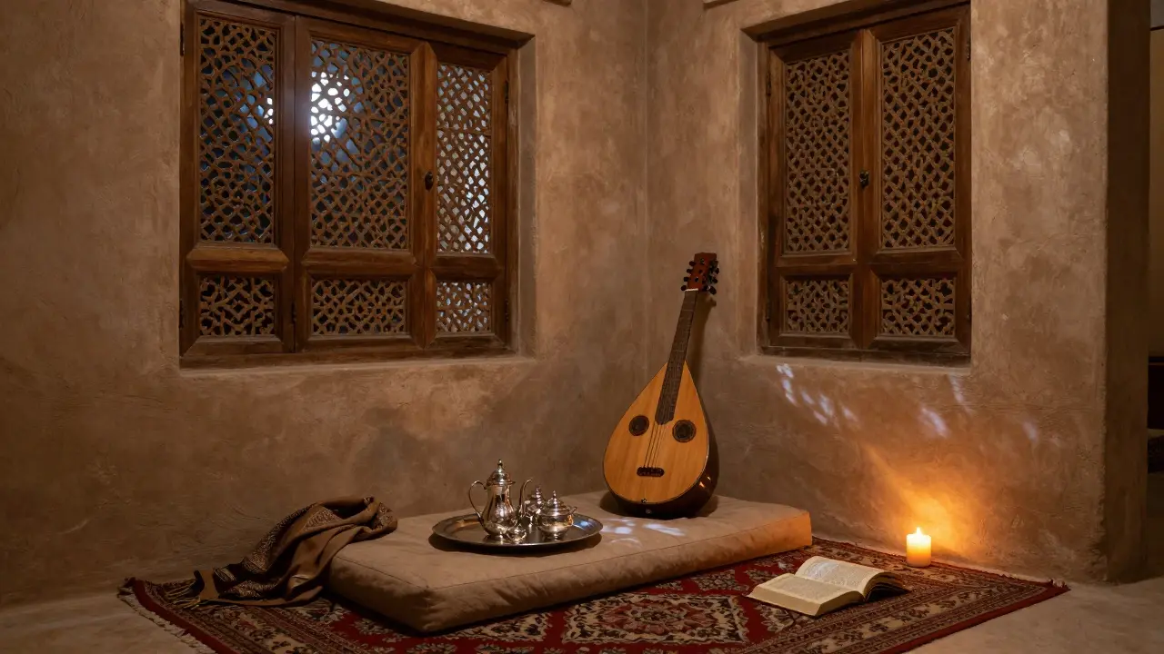 An intimate Emirati heritage home interior with oud, tea set, and candlelight, evoking quiet cultural depth.