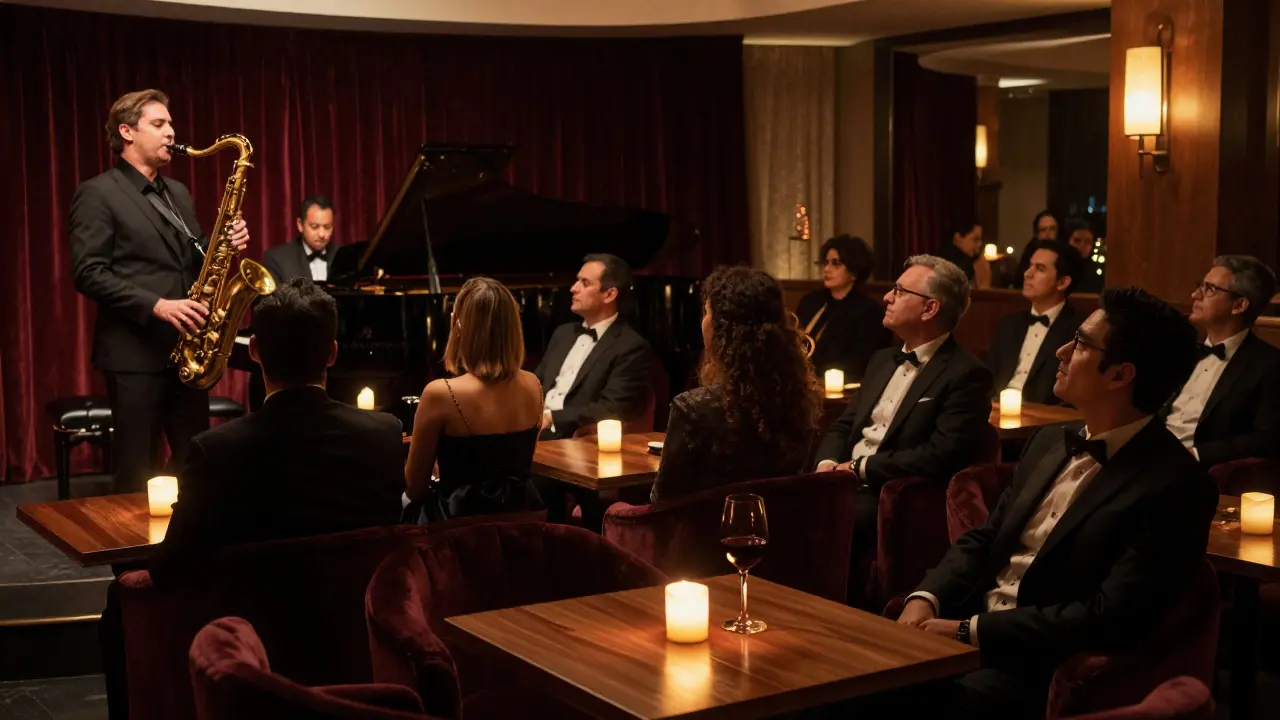 An intimate jazz performance at La Scala with a saxophonist playing to a small, elegantly dressed audience.