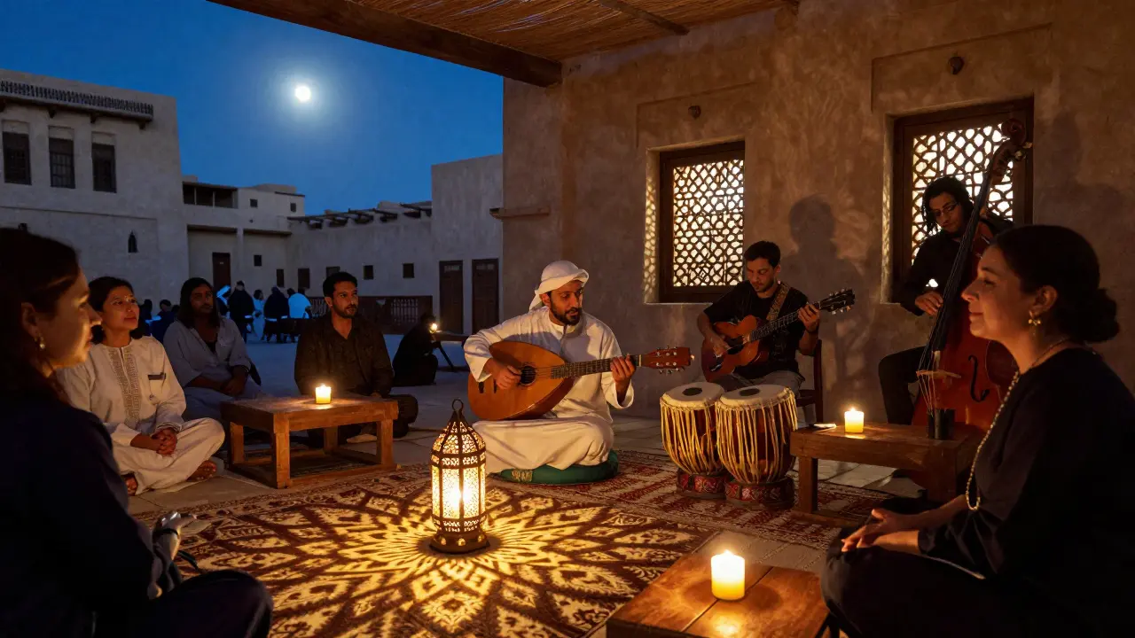 An oud and electric guitar duo perform at Arabian Nights Live, with lantern light casting golden patterns on silent, reverent listeners.