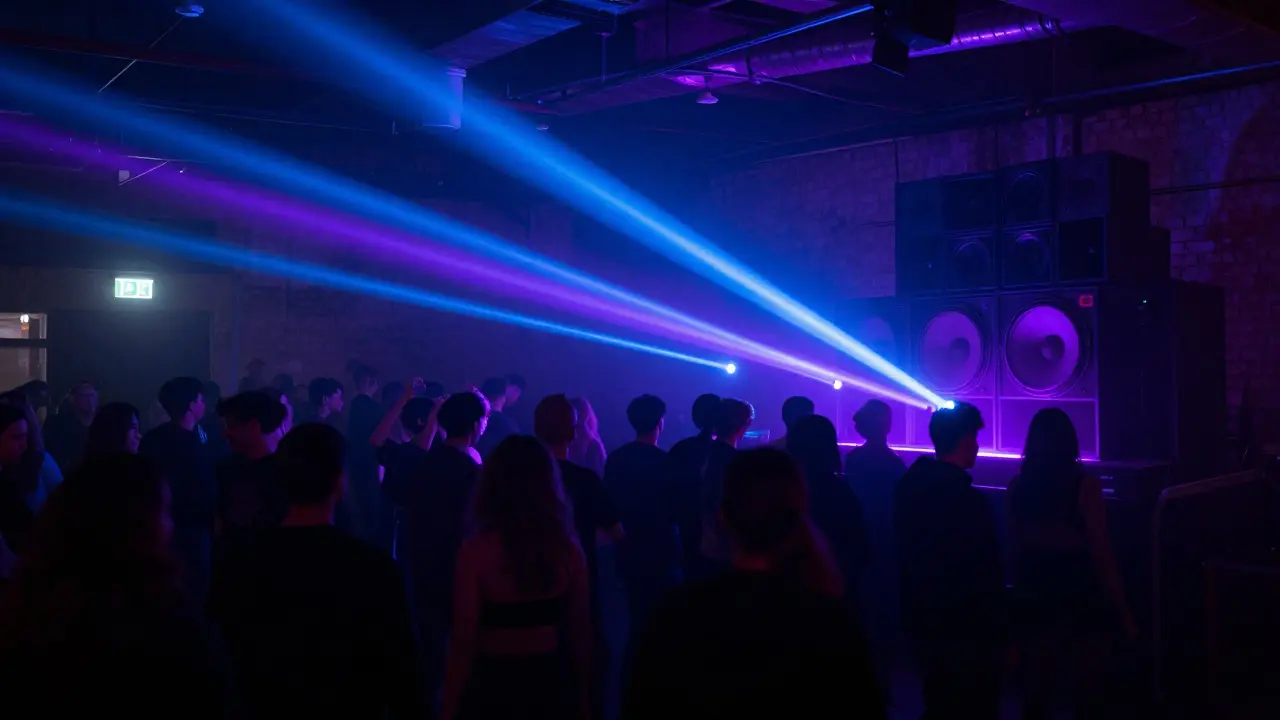 An underground techno warehouse filled with dancers under strobing lights and massive sound systems.