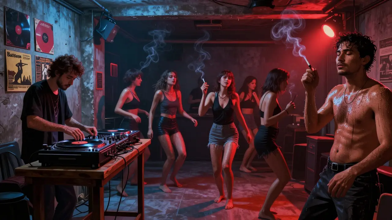 Barbaros nightclub interior with strobing lights, a vinyl DJ, and dancers immersed in the music.