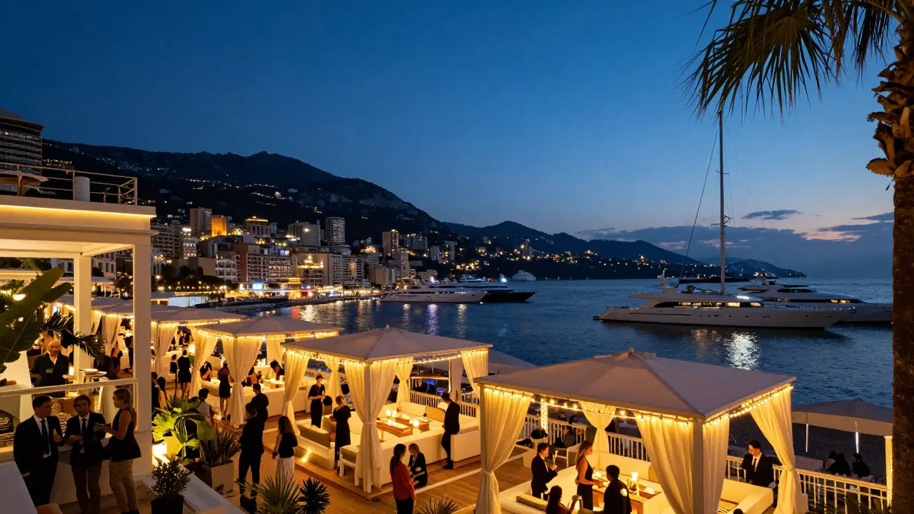 Beach club terrace at dusk overlooking Monaco harbor with yachts