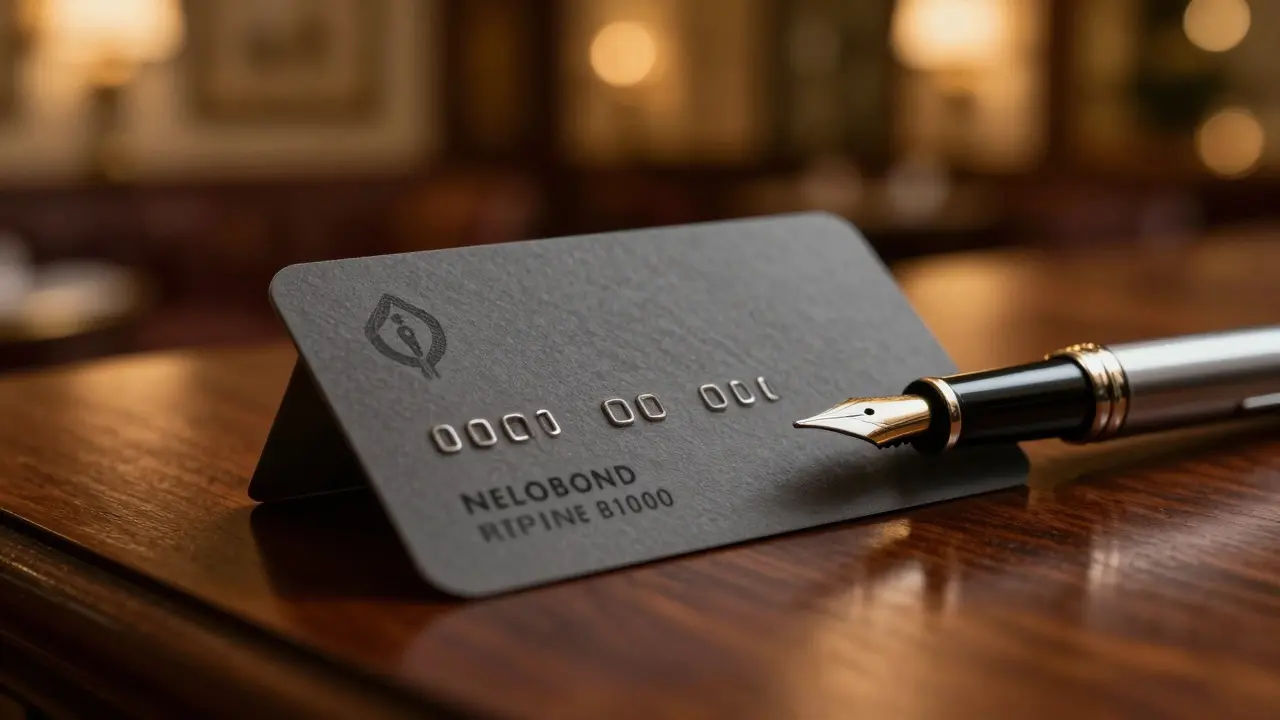 Business card and pen on dark wood table in warm light.