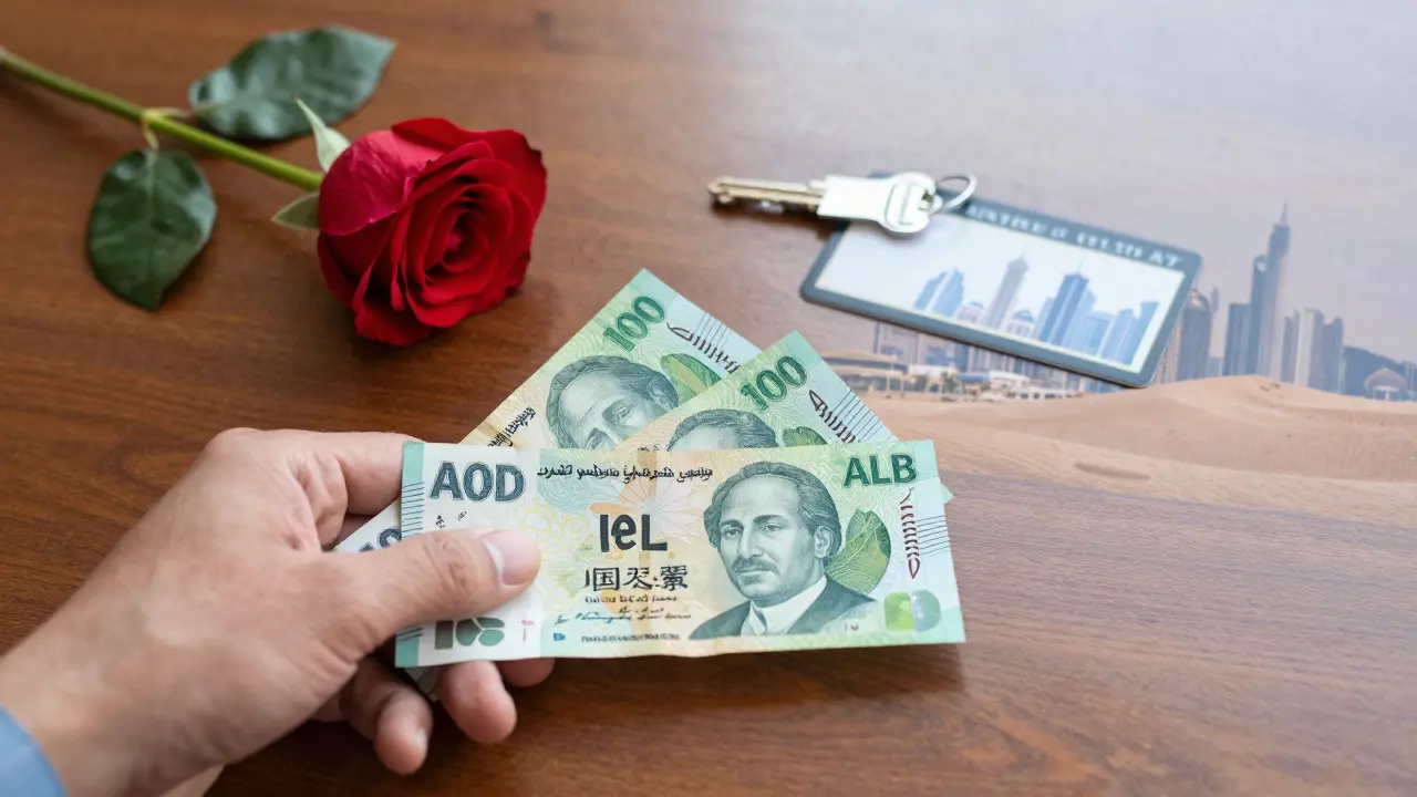 Cash and a hotel keycard on a table with a rose, symbolizing respectful companionship in Abu Dhabi.