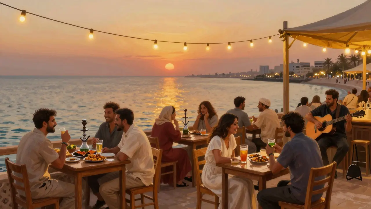 Chill Corniche waterfront at dusk with string lights, shisha, and people enjoying drinks and live acoustic music.