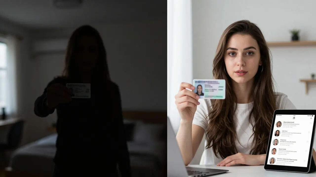 Contrasting images: one showing a suspicious private meeting, the other a verified video ID check with clear surroundings.