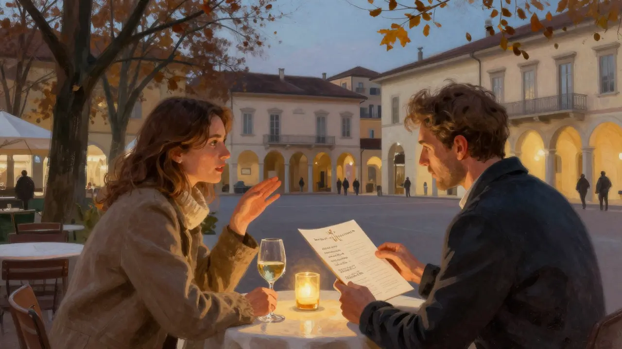 Couple enjoying wine on a terrace in Brera district at dusk