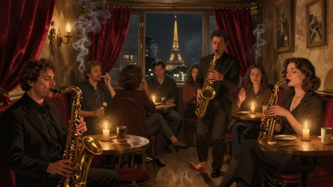 Cozy jazz cellar in Montmartre with a saxophonist playing as patrons sway to the music in warm candlelight.