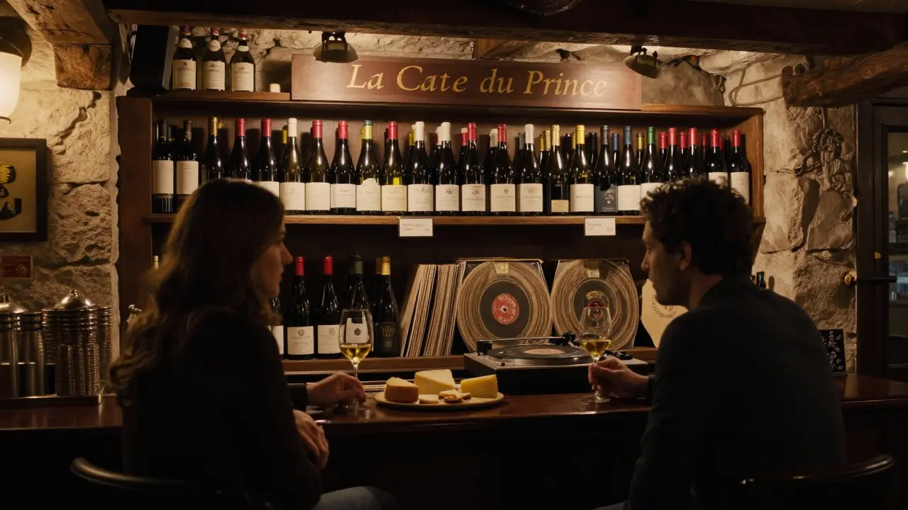 Cozy wine bar beneath Monaco's palace with shelves of bottles and a couple sharing cheese and wine by jazz records.