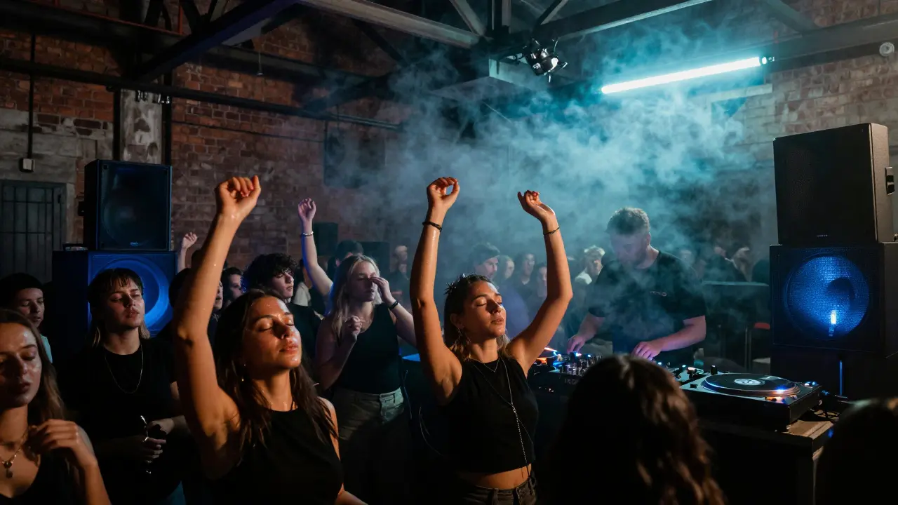 Crowd dancing in a warehouse club under strobing lights, lost in deep house music.