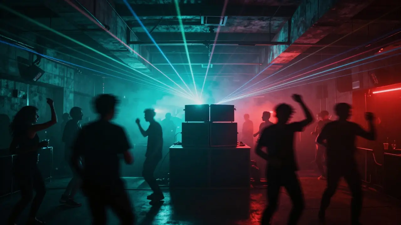 Crowd dancing in underground club with colorful laser beams.