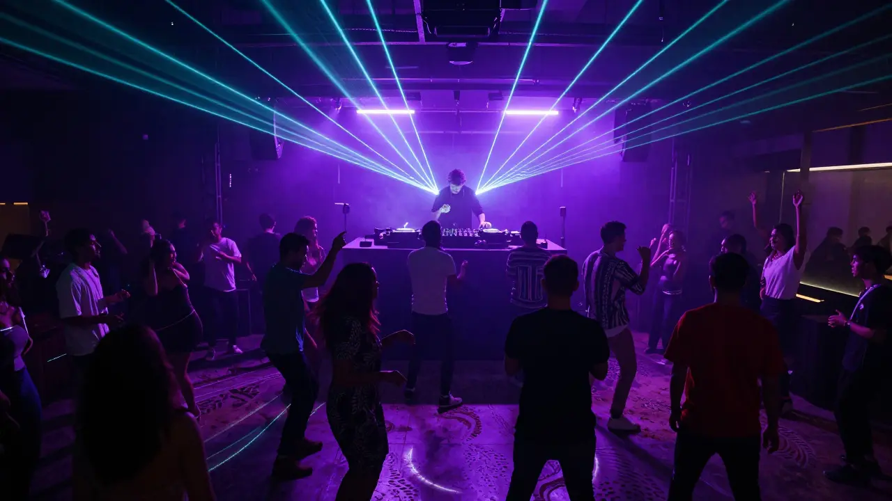 Crowded dance floor inside a nightclub with colorful stage lighting.