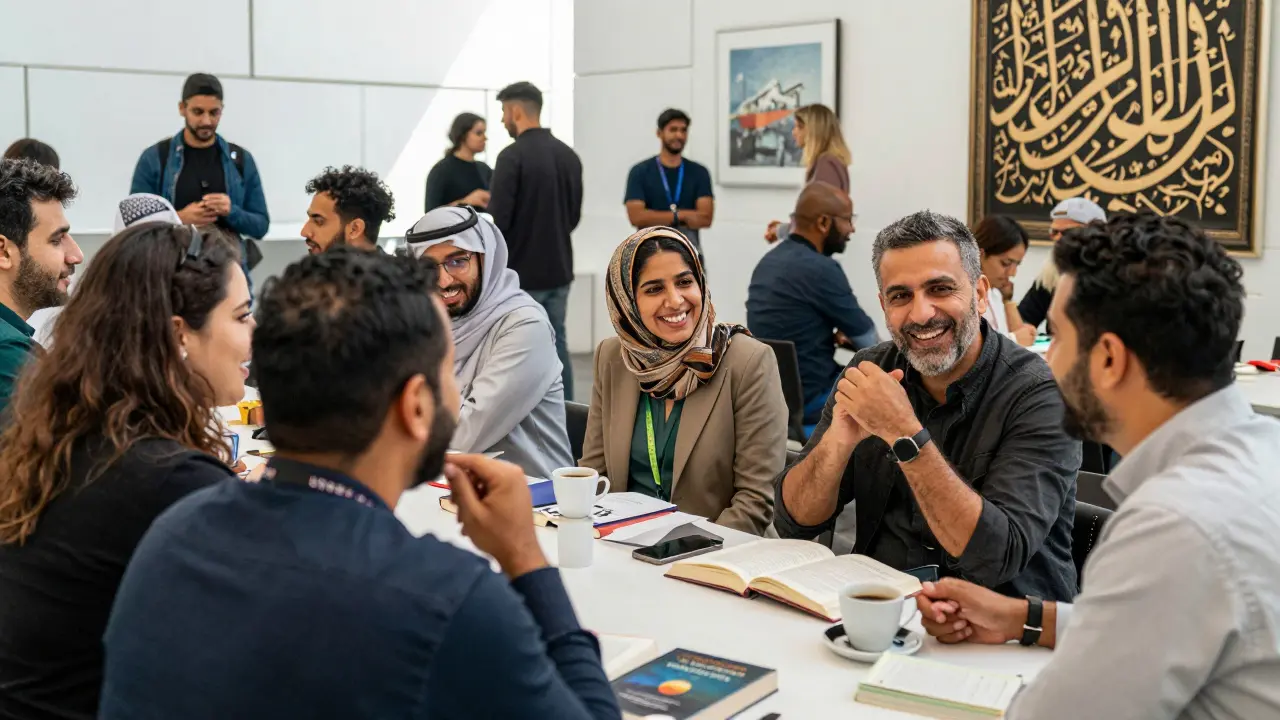 Diverse group of people sharing books and coffee at a cultural event in Abu Dhabi.