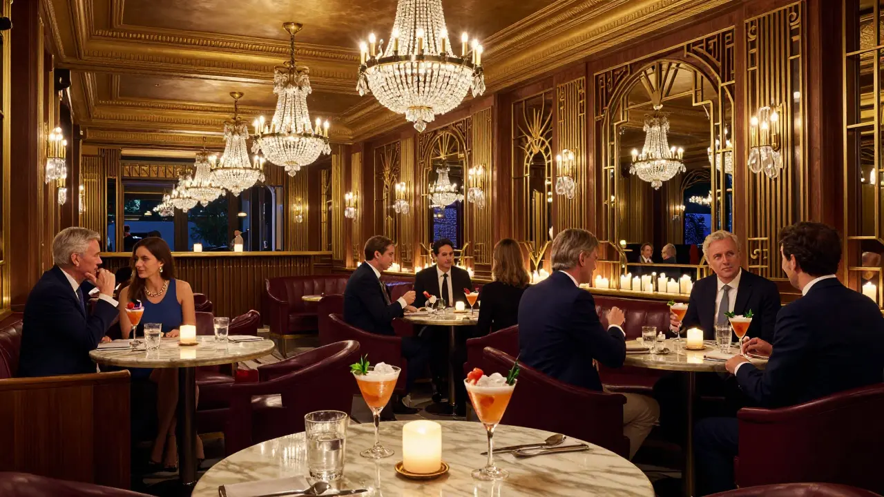 Elegant casino bar interior with luxury drinks and well-dressed guests