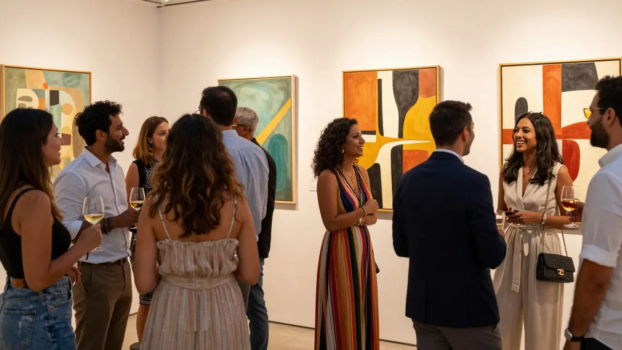 Expats mingle at an art gallery opening in Abu Dhabi, laughing and conversing in warm evening light.