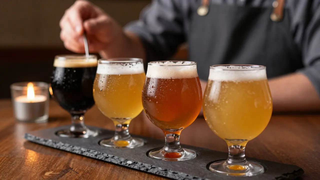 Flight of five craft beer tastings on a slate serving tray.