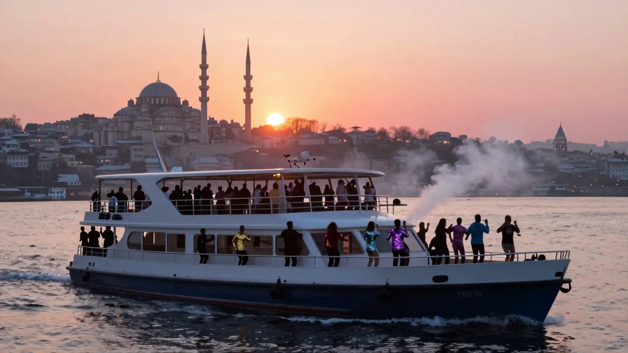 Floating party boat on the Bosphorus at sunrise, diverse crowd dancing as the city awakens.
