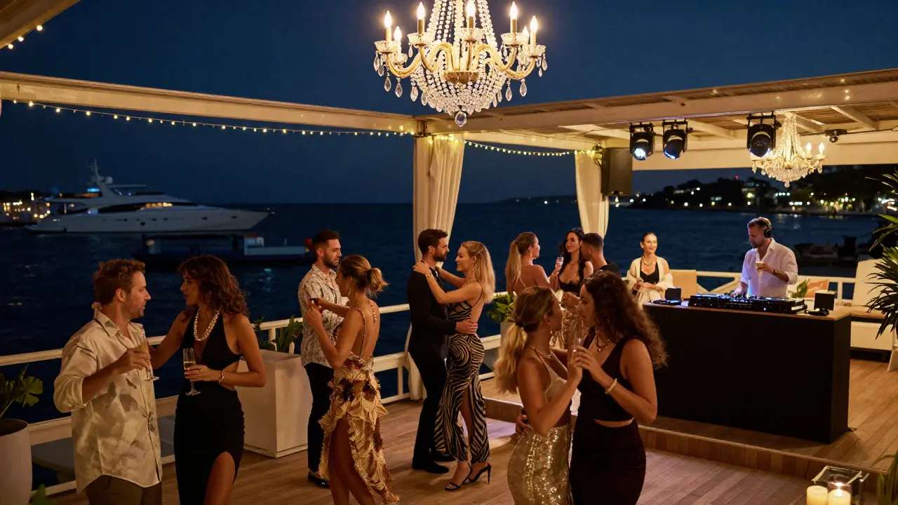 Glamorous guests dancing at Blue Bay club with yachts and chandeliers in the background.