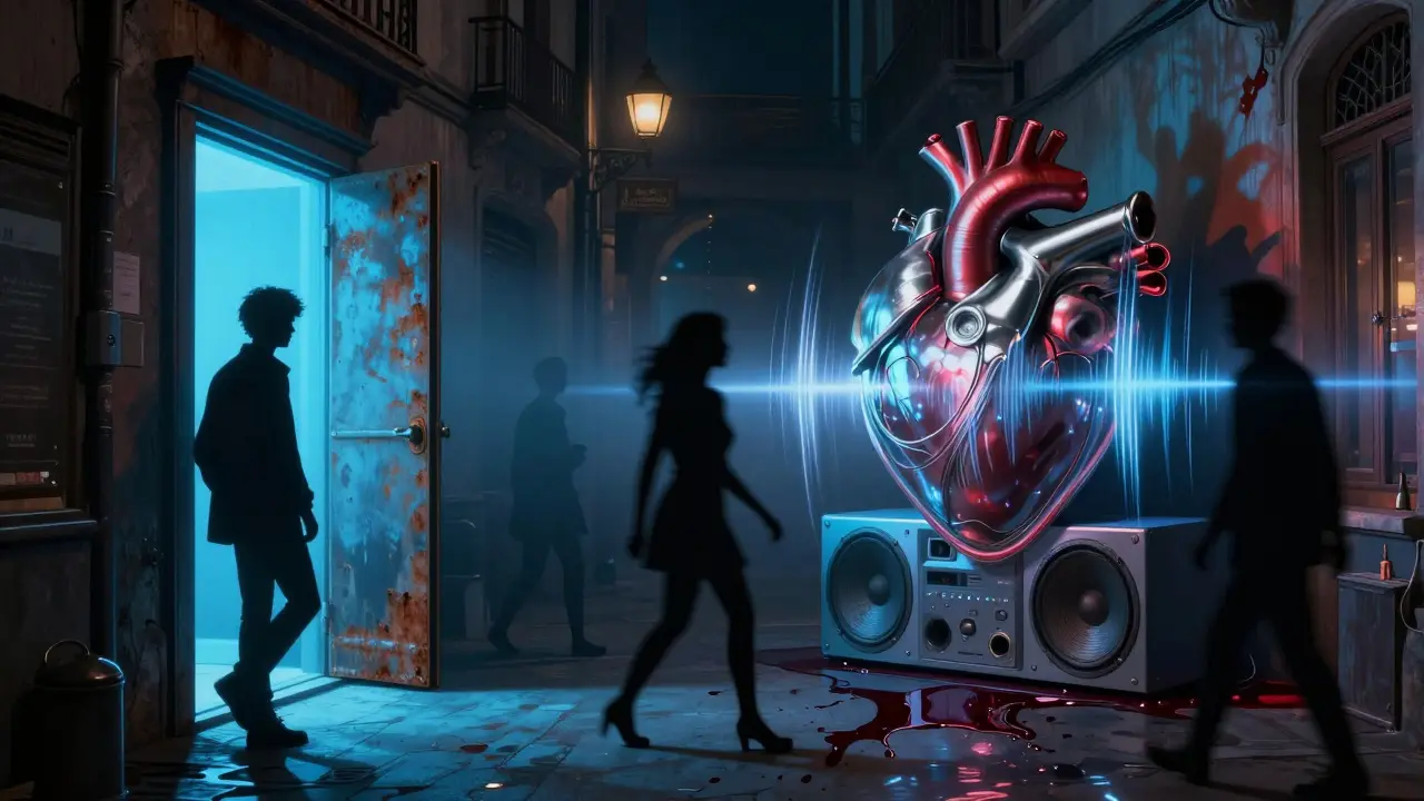 Hidden entrance to La Scala Club glowing with blue light, silhouettes entering a dark, vibrating underground space.