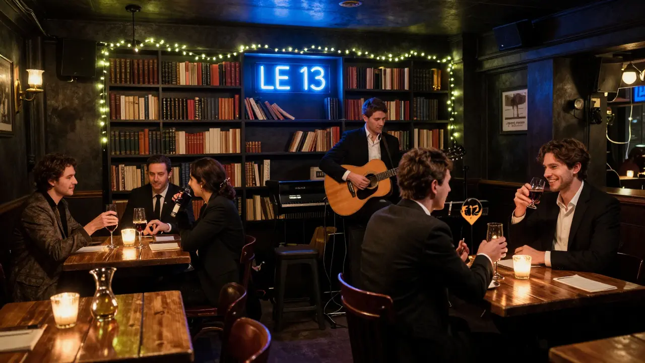 Hidden speakeasy bar with acoustic guitar live, patrons sipping wine from carafes under soft neon glow.