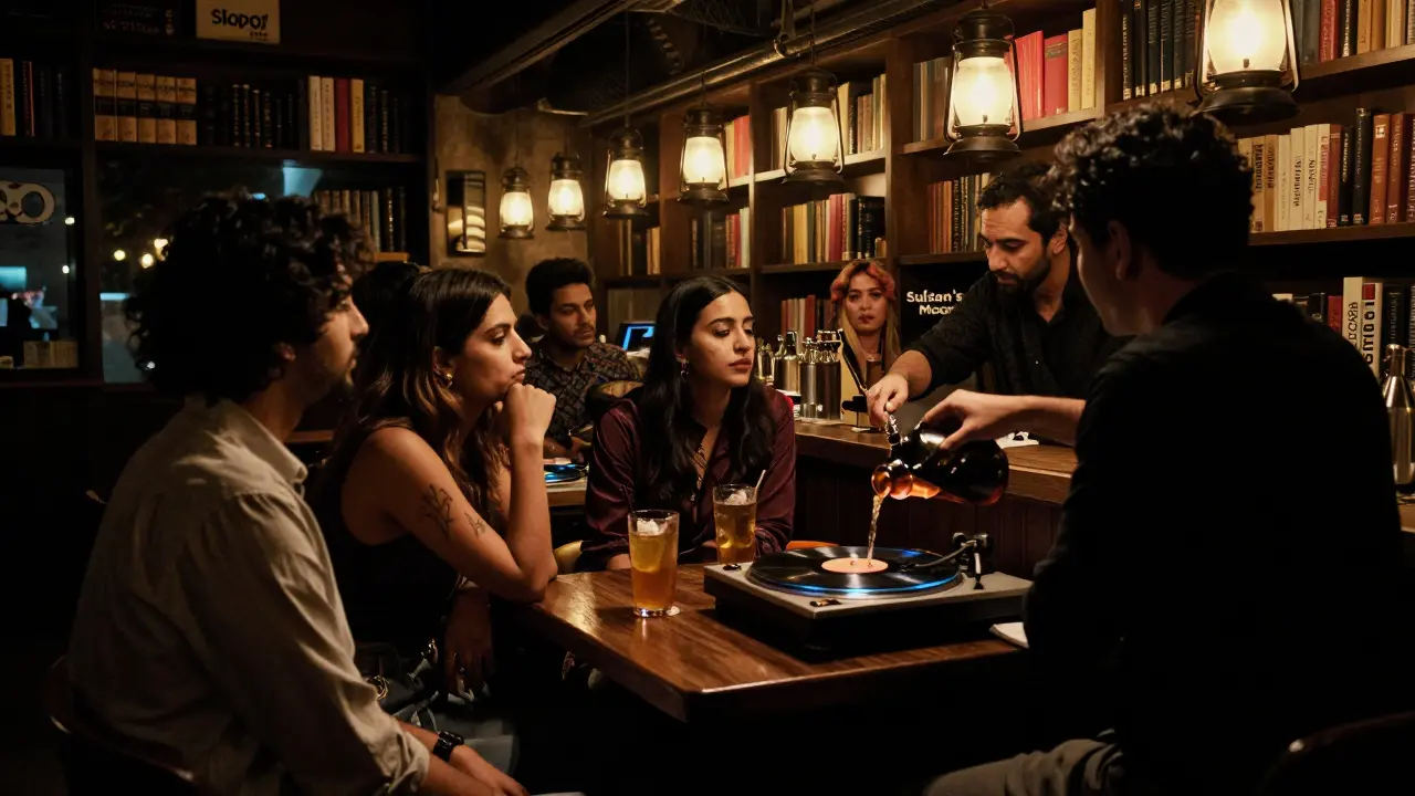 Hidden speakeasy beneath a bookshop with dim lighting and patrons listening to vinyl records.
