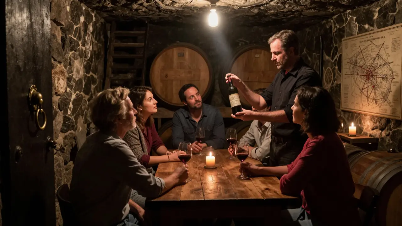 Hidden underground wine cellar with sommelier holding an aged Bordeaux bottle in candlelight.