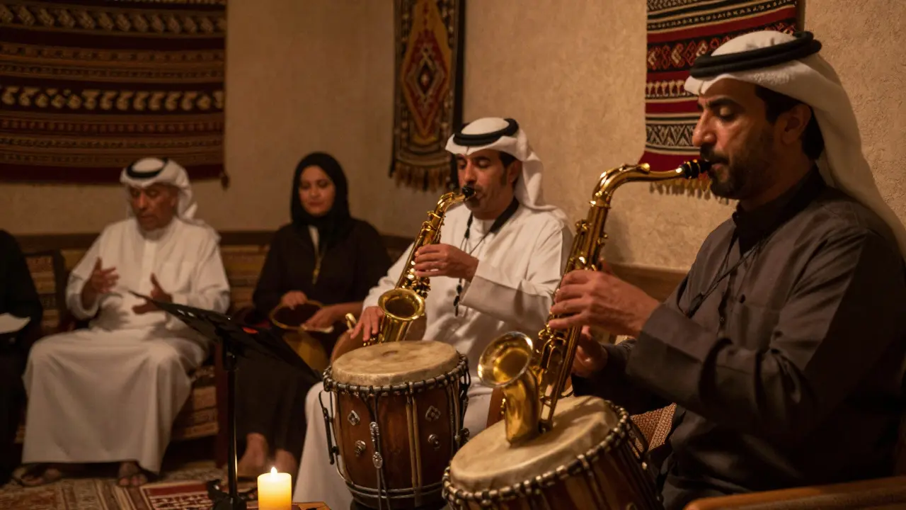Jazz ensemble performing Emirati melodies in a dimly lit lounge with attentive listeners.
