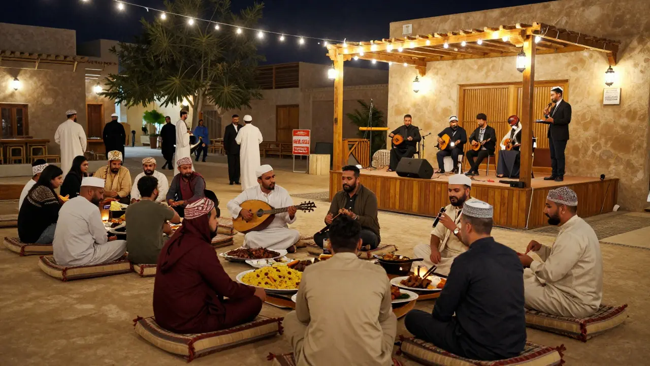 Live music at Al Fanar Heritage Village with locals enjoying traditional food under string lights.