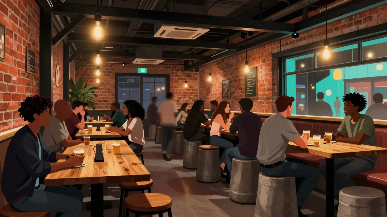 Lively industrial-chic beer hall in Le Marais with brick walls.