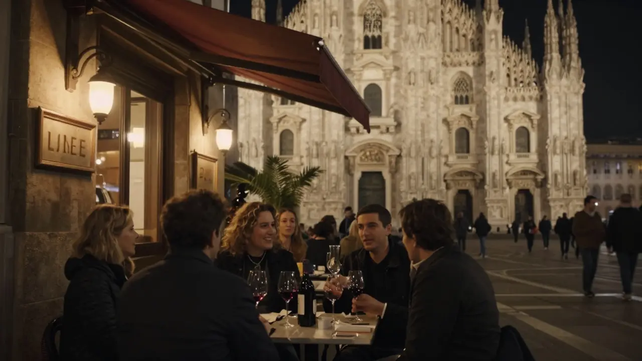 Local Milanese crowd sipping wine at Bar del Duomo's warm, intimate terrace near the cathedral at midnight.