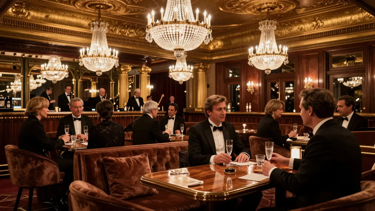 Luxury casino bar interior with patrons in formal evening wear.