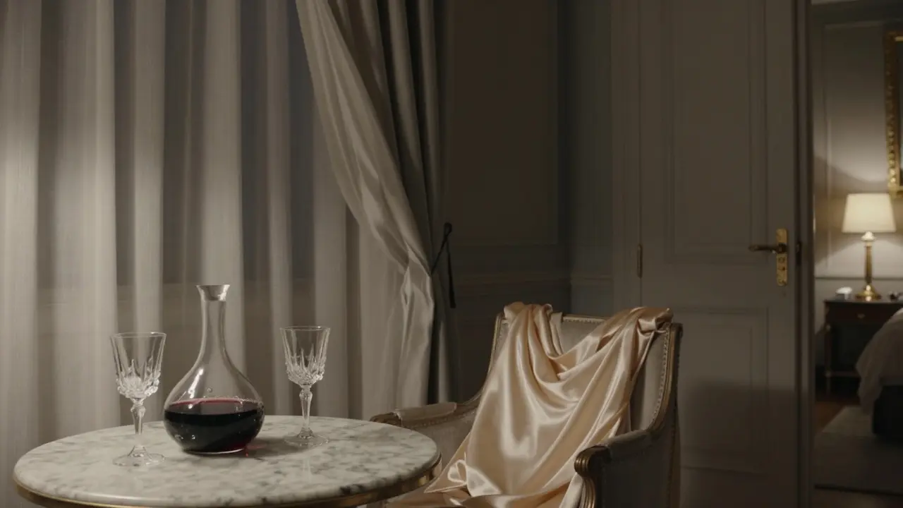 Luxury hotel suite at night with wine glasses, silk curtains, and a draped dress — no people present.