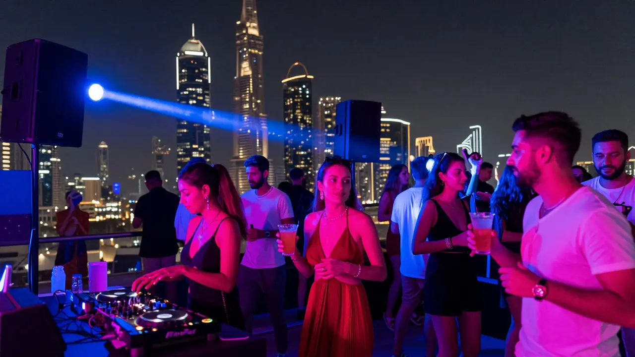 Neon-lit rooftop dance floor at night with energetic crowd and glowing skyline backdrop.