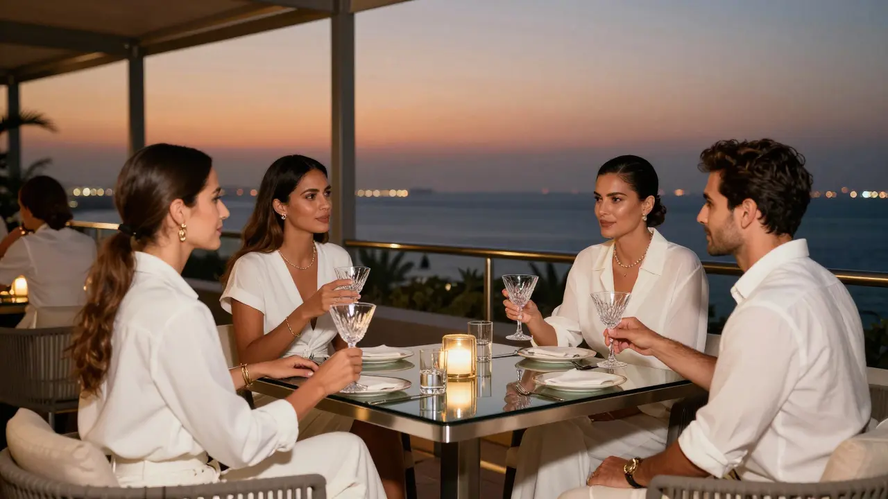 People in white clothing drinking cocktails on a high rooftop terrace.