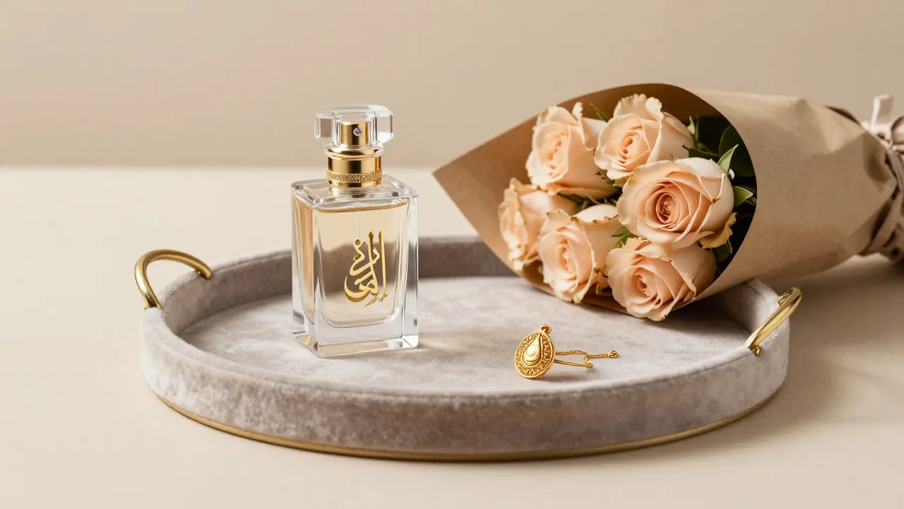Premium gifts including perfume, jewelry, and flowers on velvet