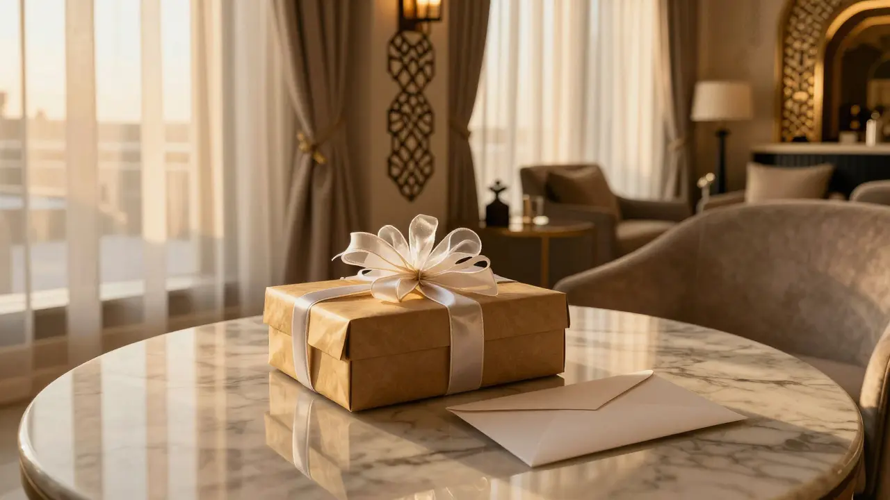 Private lounge with elegantly packaged gift and envelope