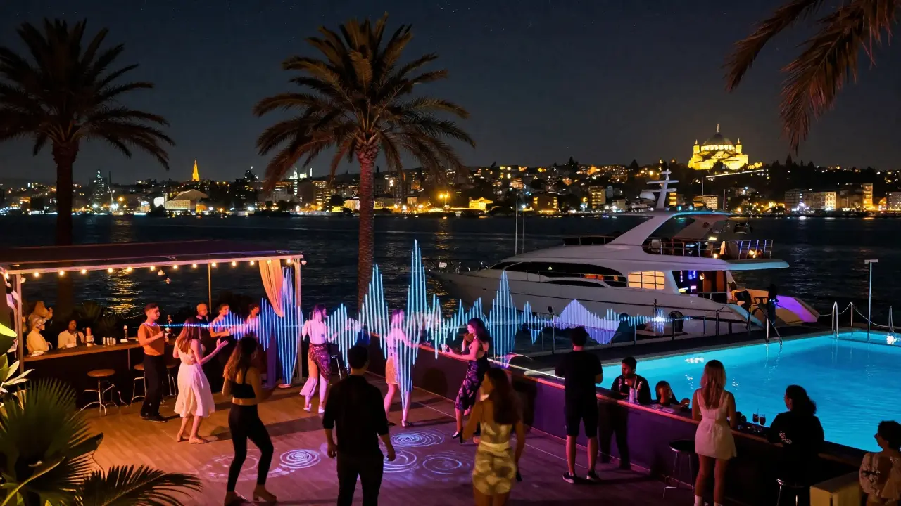 Reina nightclub on the Bosphorus with rooftop pool, palm trees, and starlit dancers under glowing city lights.