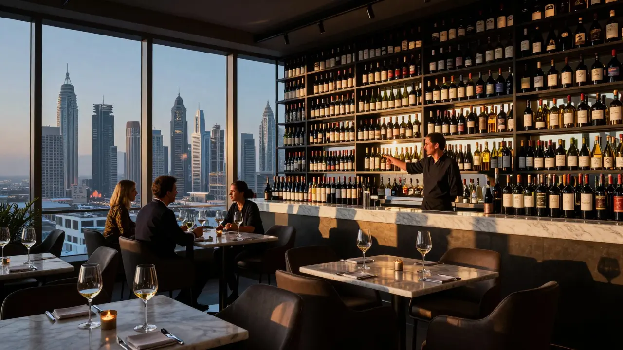 Rooftop wine bar in Dubai with skyline view and walls of diverse international wine bottles.