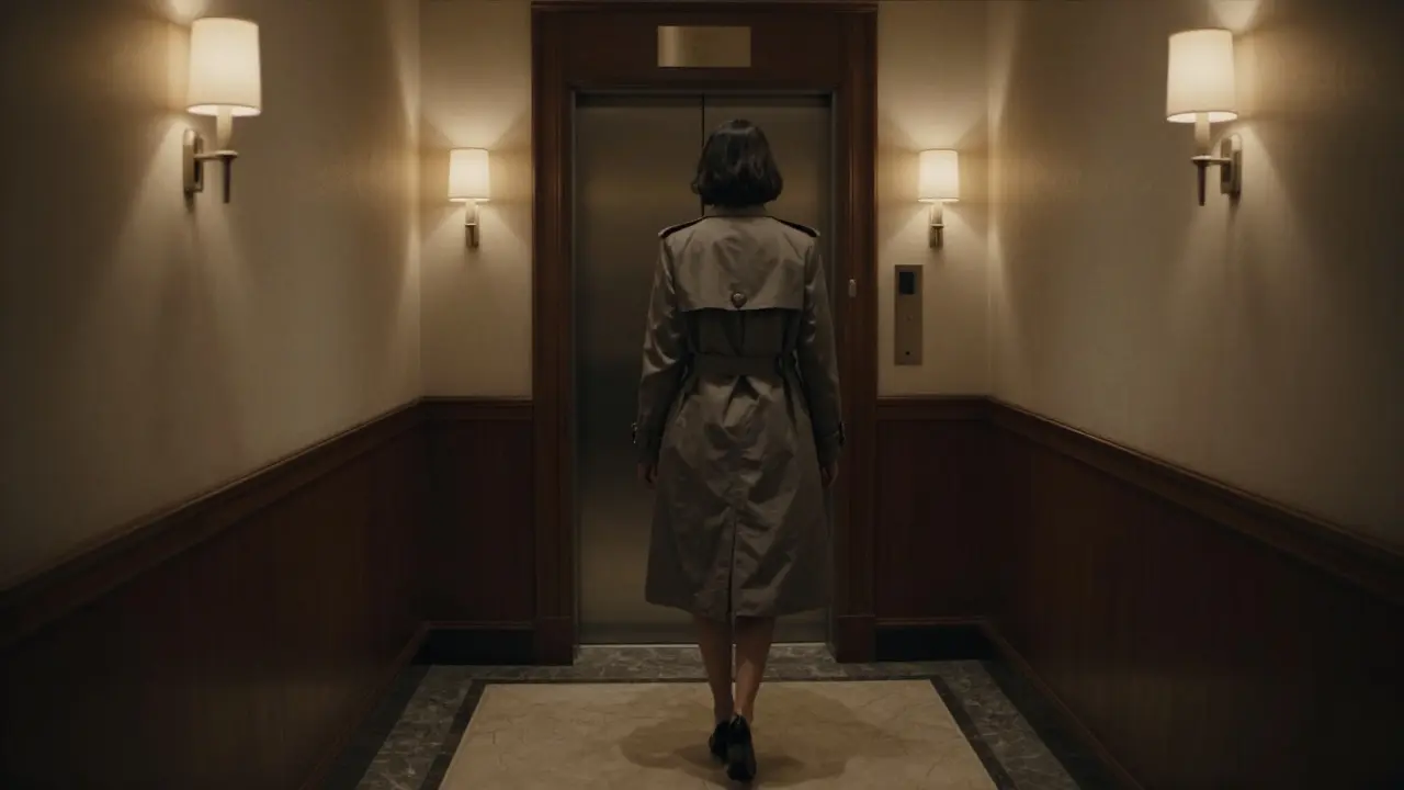 Silhouette of a woman walking through a dimly lit hotel corridor.