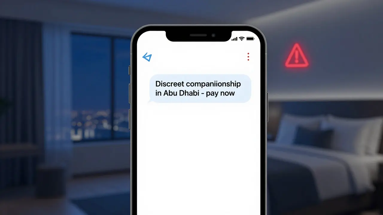 Smartphone screen showing a suspicious Telegram message with a red warning symbol.