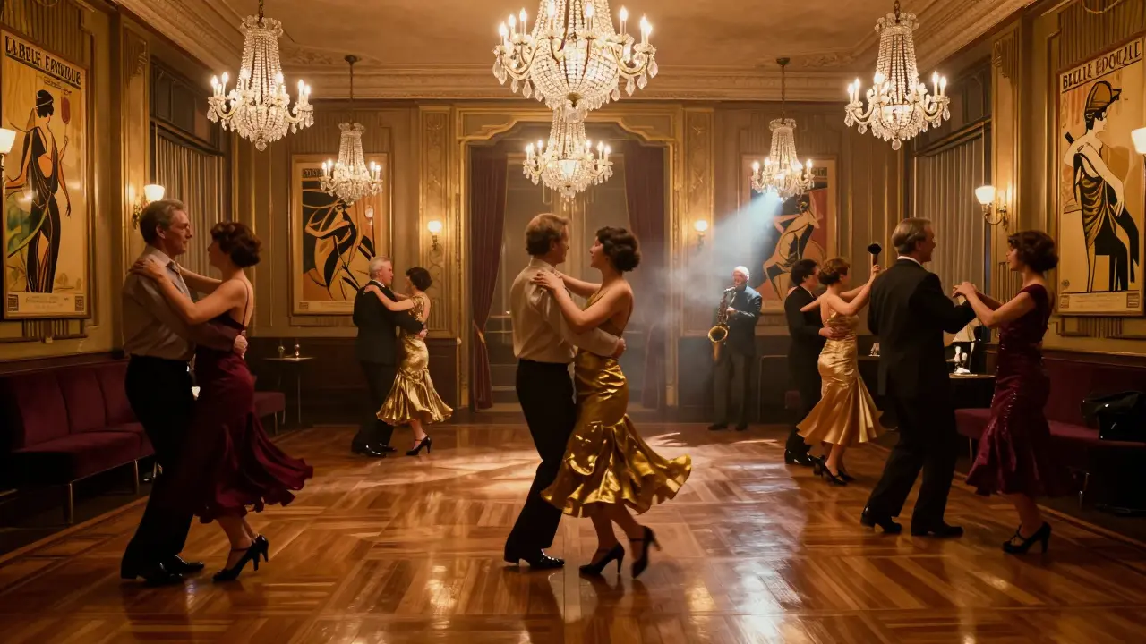 Sophisticated crowd swaying in art deco La Belle Époque under crystal chandeliers.